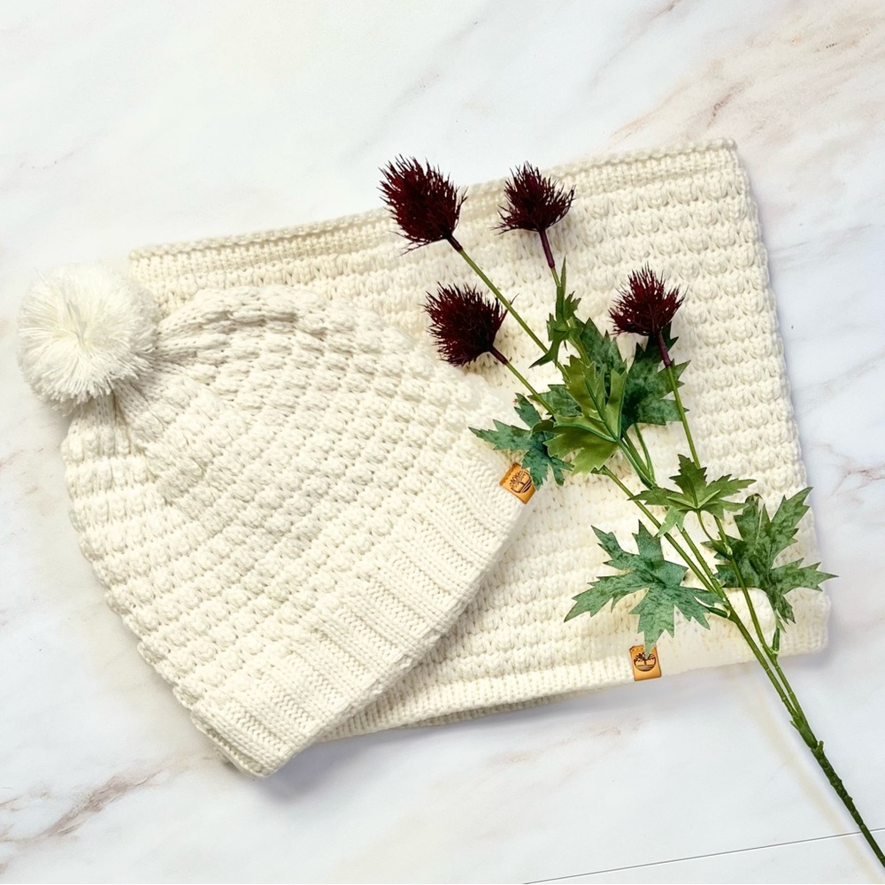 🆕 TIMBERLAND Cable Knit Beanie Set White / Ivory